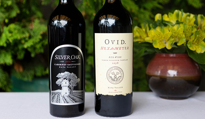 A bottle of Silver Oak and a bottle of OVID wine that are featured at the A.R. Valentien Signature Wine Dinner.
