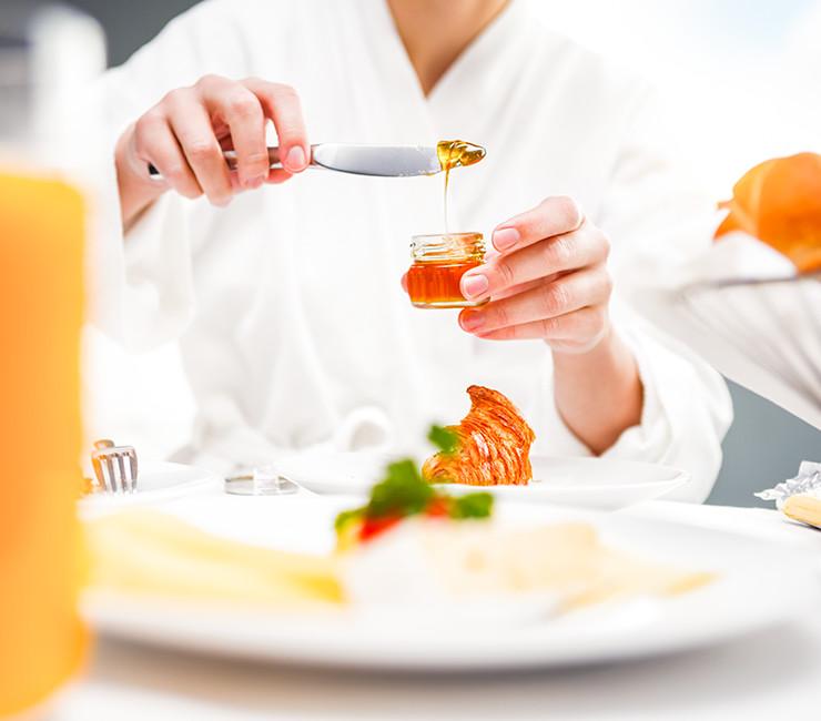 Enjoying breakfast from the 24-hour room service menu at The Lodge at Torrey Pines.