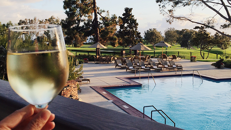 Raising glass of wine overlooking Torrey Pines Golf Course