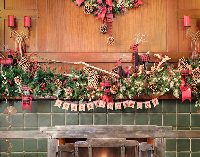 Holiday celebration decorations with a festive fireplace in the lobby The Lodge at Torrey Pines