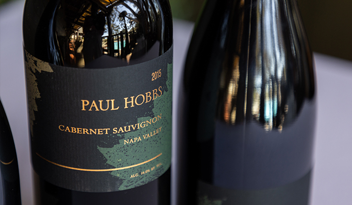 Bottles of wine from Paul Hobbs Winery being featured at the Artisan Table Wine Dinner at A.R. Valentien at The Lodge at Torrey Pines in La Jolla, CA.