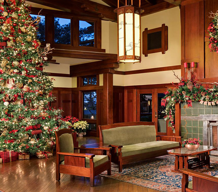 The lobby at The Lodge at Torrey Pines decorated for the holidays