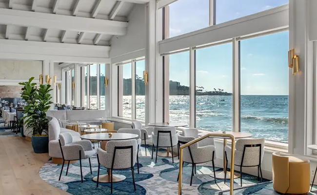 Interior view looking out to Pacific Ocean in the Marine Room