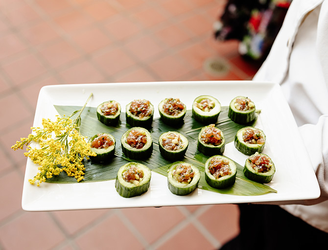Canapés on display at an elegant wedding reception at The Lodge at Torrey Pines.