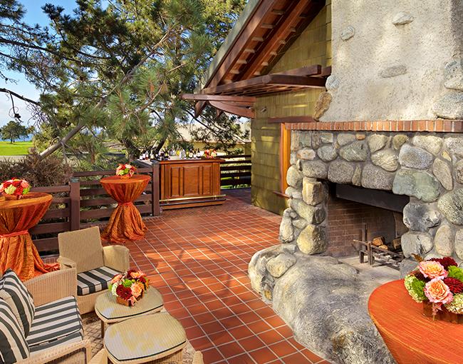 Charles Fries outdoor reception patio with fireplace at The Lodge at Torrey Pines 
