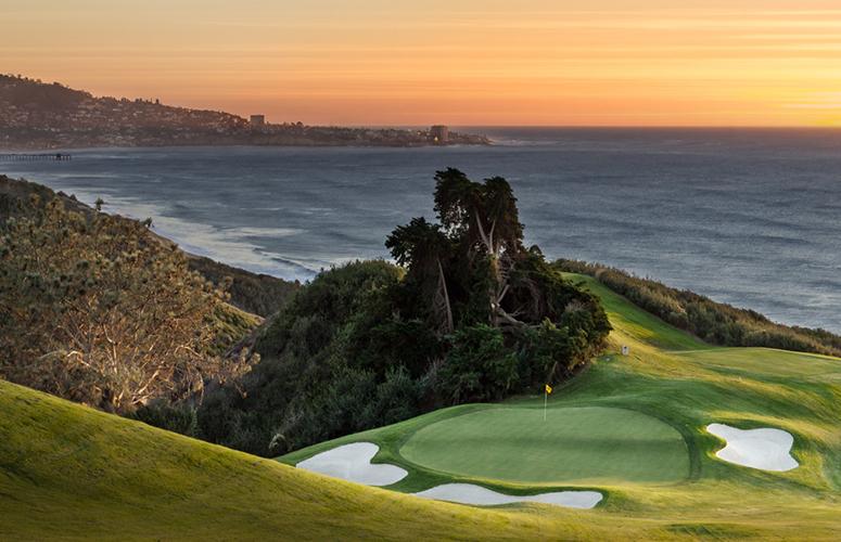 Sunset over the Pacific Ocean with views of the Torrey Pines Golf Course 
