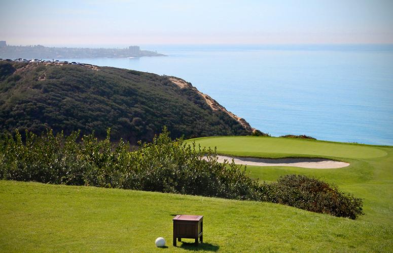 Tee Box on the greens at the Torrey Pines Golf Course with views of the Pacific Ocean