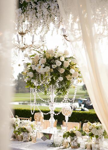 Table setting with jewels and flowers overlooking the Torrey Pines Golf Course