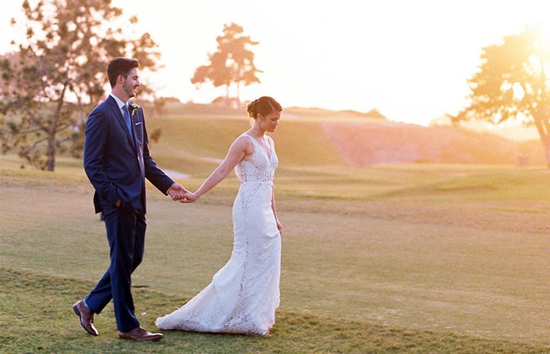 Wedding couple taking a stroll on Torrey Pines Golf Course